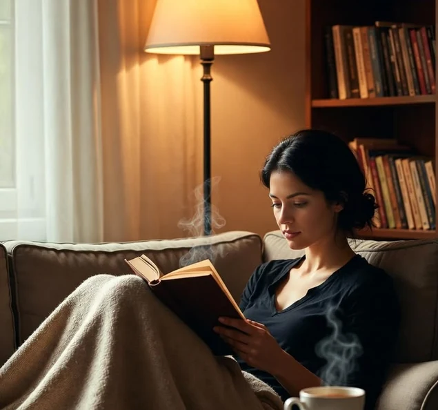 A reader relaxing with a book by lamplight