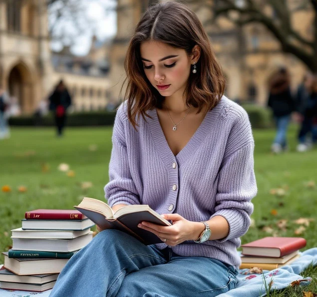 A reader with a stack of books outdoors