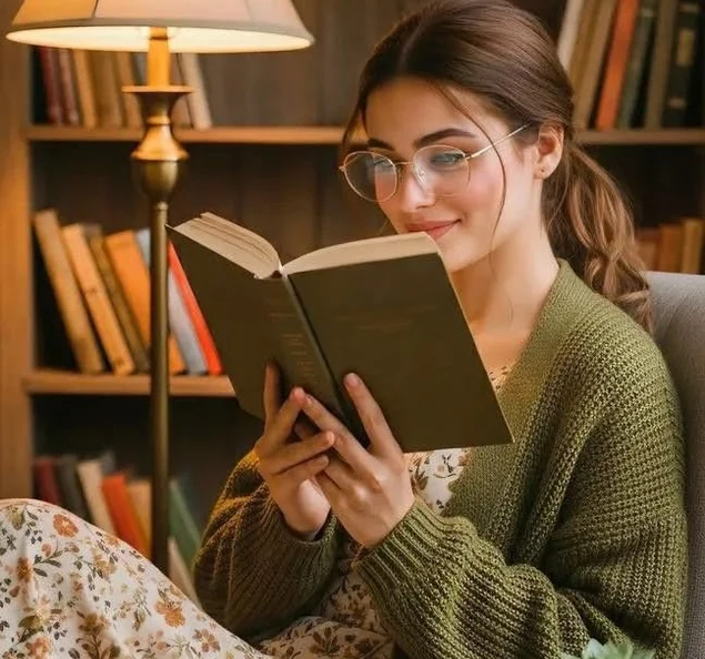 A reader enjoying a book by lamplight